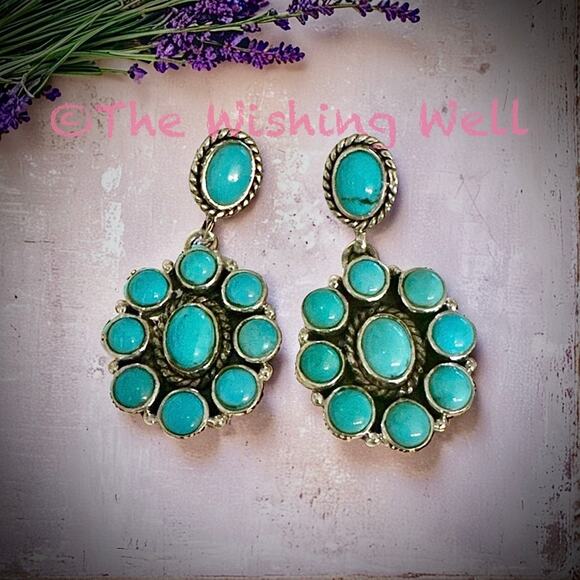 Kingman Green Turquoise Cluster Dangle Earrings 1.5” Long Sterling Silver - Picture 2 of 5